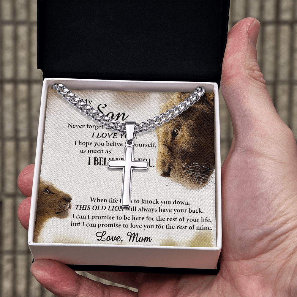 Personalized Necklace Gift For Son from Mom, To My Son Cross Necklace Gift from Mom, My Son Necklace from Mom, Lion Son Cross Pendant Necklace from Mom, Graduation Gift Necklace for Sons Birthday