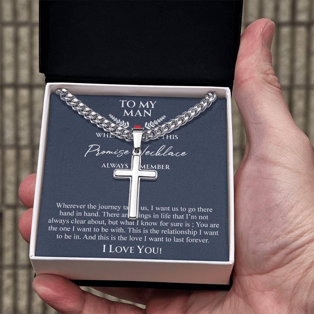 To My Man Necklace Anniversary Gift for Boyfriend, Boyfriend Birthday Gift 175087501988 Cuban Chain with Artisan Cross Necklace