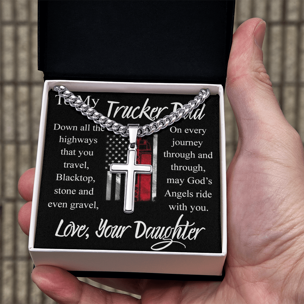 Trucker Dad Gift Necklace, Father And Daughter Cross Necklace, To My Trucker Dad Necklace From Daughter, Jewelry Gift For Men, Mans Gift Necklace For Him, Cross Pendant Gift For Dad From Her