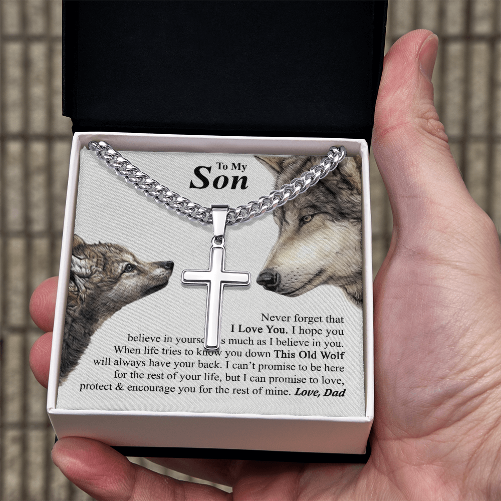 To My Son Cross Necklace From Mom, Mother To Son Jewelry Gift For Son, Cross Necklace For Men Boys, 14K White Gold Stainless Steel Cross Chains Set, Wolf Cross Pendant, Jewelry Gift For Boys, Man