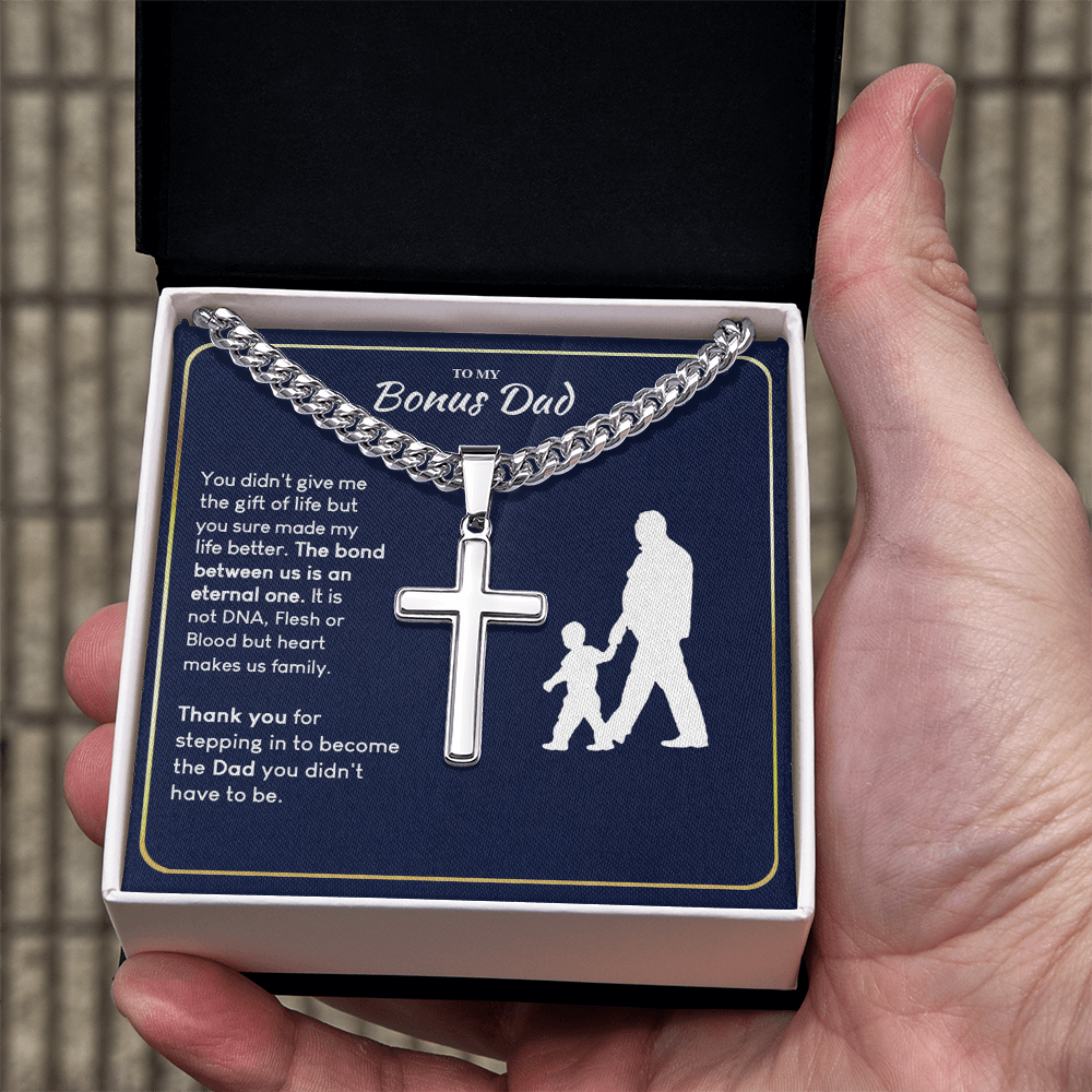 Bonus Dad Gift Necklace, To My Dad Cross Necklace From Son, Thank You Necklace Gift For Dad, Jewelry Gift For Men, Mans Gift Cross Pendant, Father And Son Cross Necklace Gift For Him, Bonus Dad Gift
