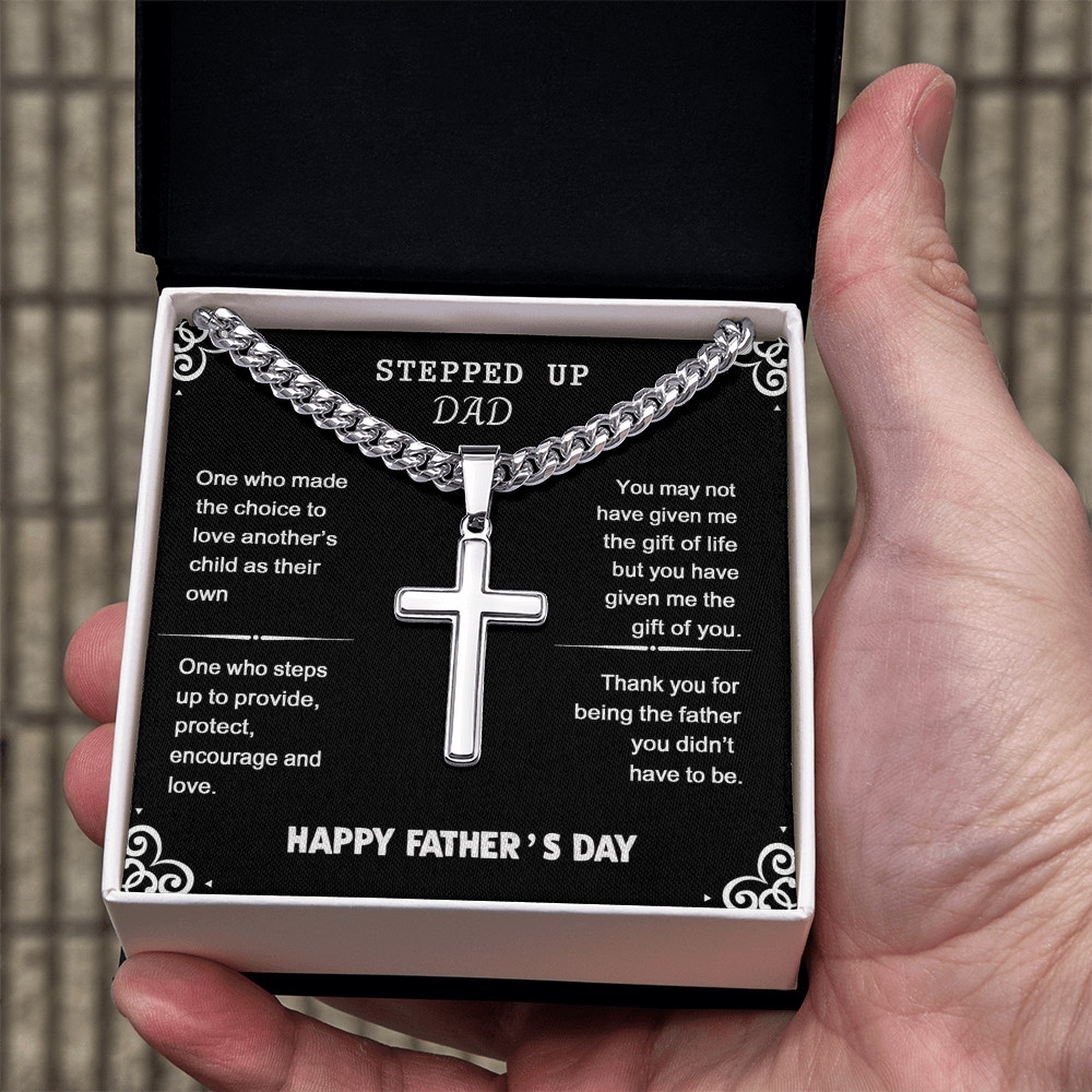 Stepped Up Dad Cross Necklace From Son, Happy Father's Day Necklace Gìt For Dad, Father And Son Gift Necklace, Stepped Up Dad Gift Necklace, To My Dad Cross Necklace From Son, Jewelry Gift For Men