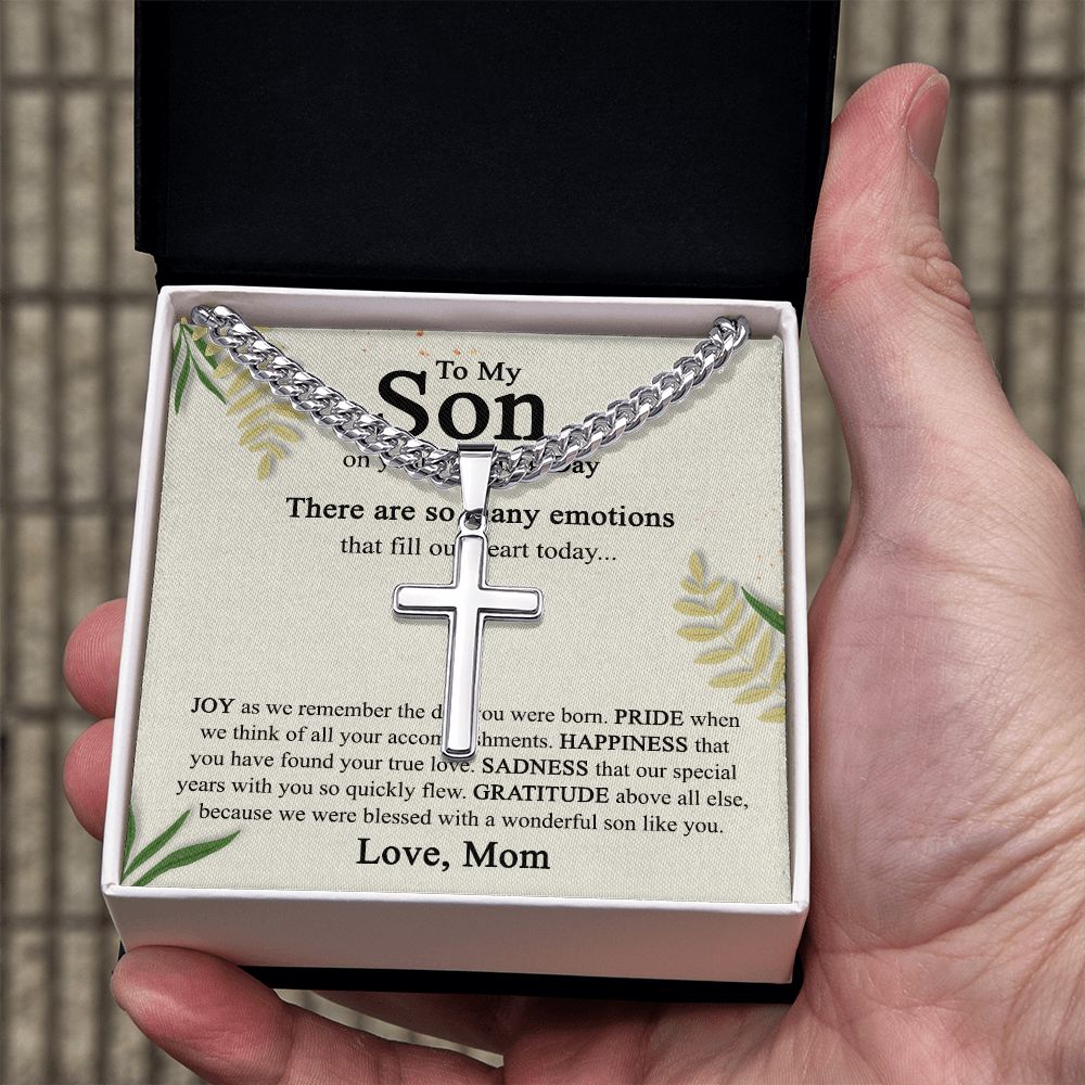 To My Son On His Wedding Day Cross Necklace from Mom, Gifts Cross Necklace for Son on Wedding Day from Mom, Mother Gift Necklace To Son on Wedding Day, Necklace for Son, Jewelry Gift For Boys Men Cuban Chain with Artisan Cross Necklace  B09N7BJRX1