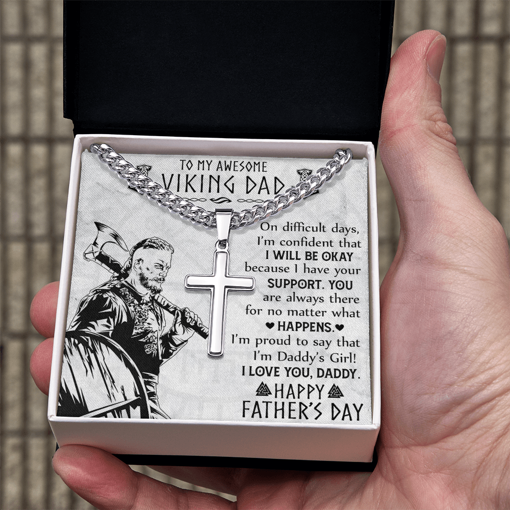 Viking Dad Cross Necklace, Jewelry Gift For Men, To My Awesome Viling Dad Necklace From Daughter, Happy Father's Day Cross Necklace Gift For Him, Daddy's Girl Necklace Gift From Little Girl Necklace