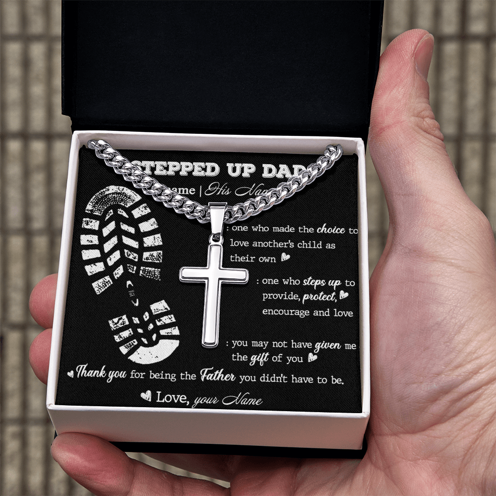 Personalized Step Dad Gifts Necklace - Step Dad Cross Necklace From Daughter, Birthday Present For Bonus Dad Necklace, Stepped Up Dad From Son To My Stepdad with Message Card And Jewelry For Man
