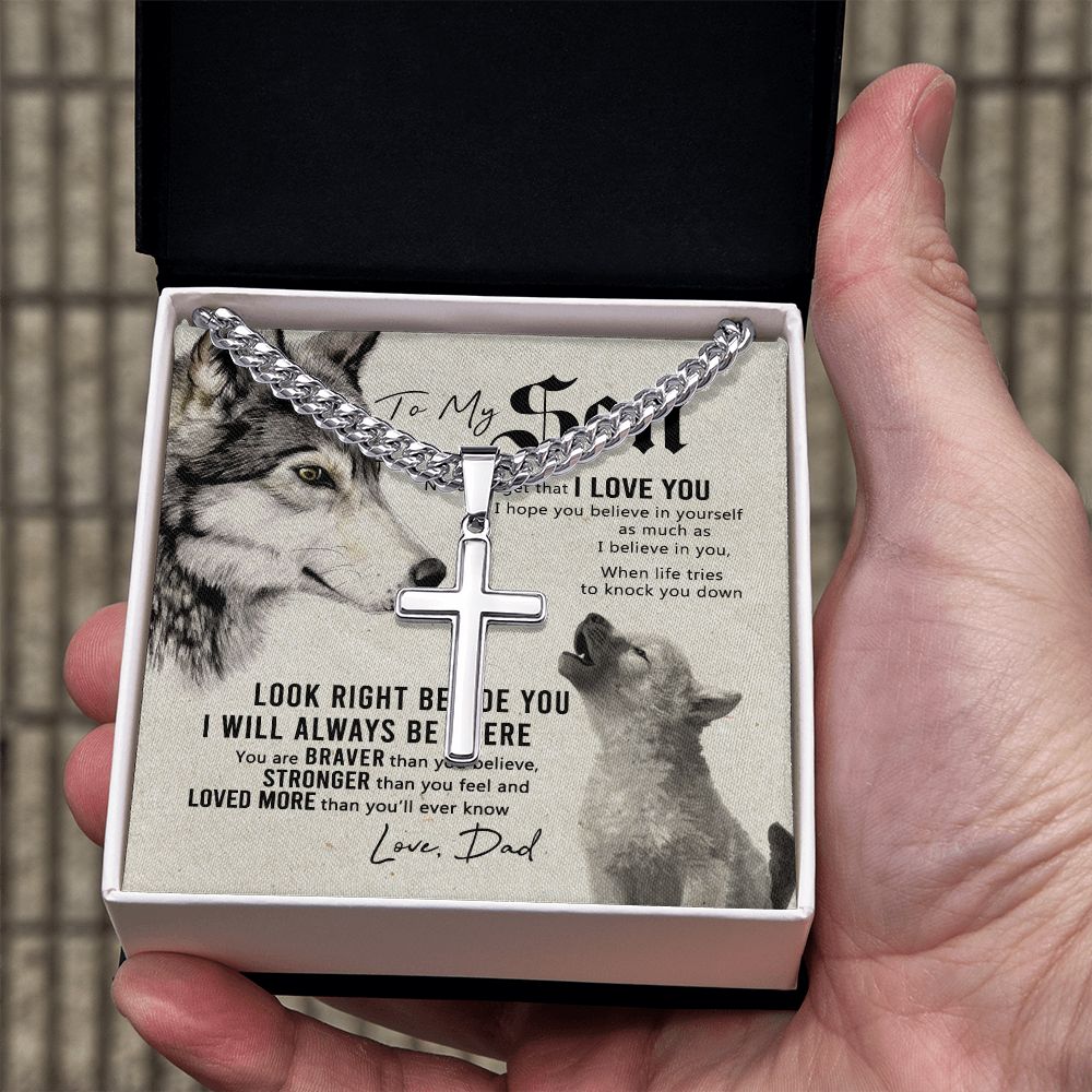 Wolf Father To Son Engraved Cross Necklace Gift For Son, To My Son Engraved Cross Necklace From Dad, Dady Meaningful Jewelry Gift For Men Artisan Engraved Cross Necklace Gift For Wolf Son Necklace Cuban Chain with Artisan Cross Necklace