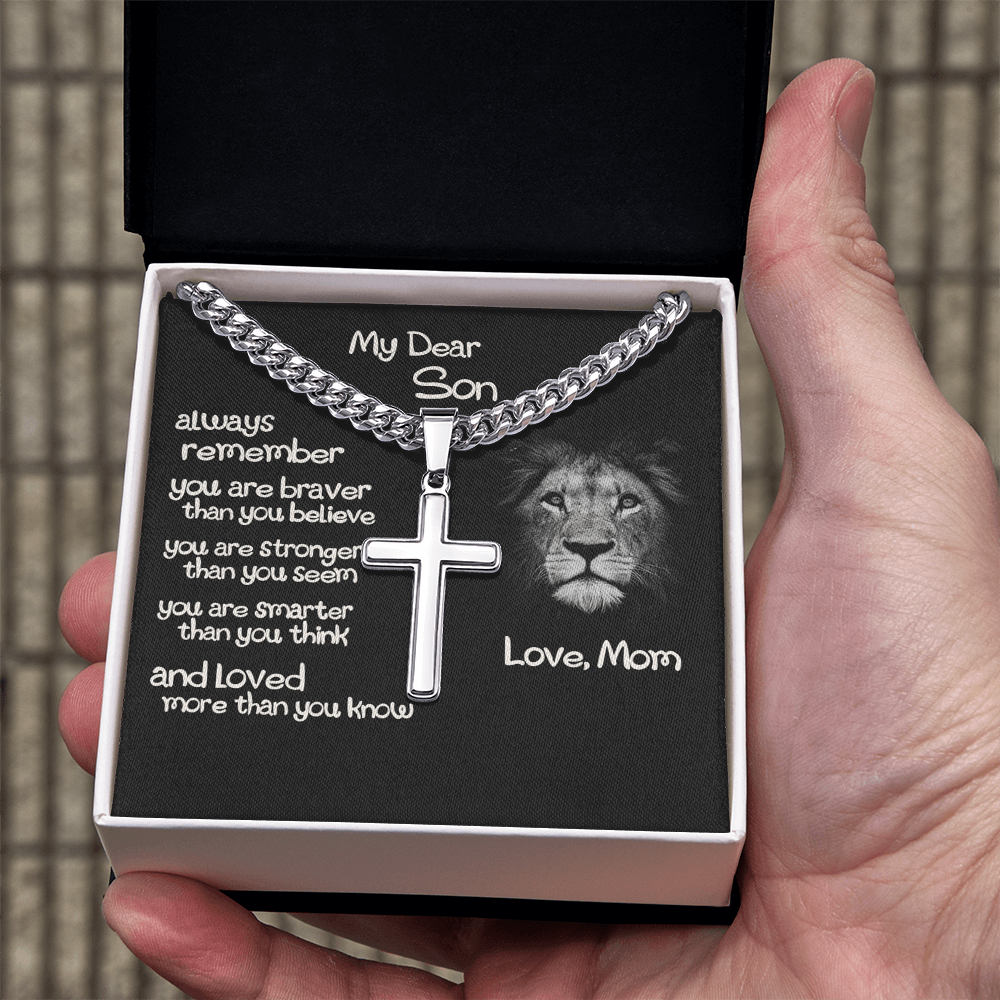 To My Son Cross Necklace Gift From Mom, Son Lion Necklace, Birthday Gifts Cross Necklace For Son, Cross Pendant Gift From Mom, Son Jewelry Gift For Mens Artisan Crafted Cross Necklace Gift To Son