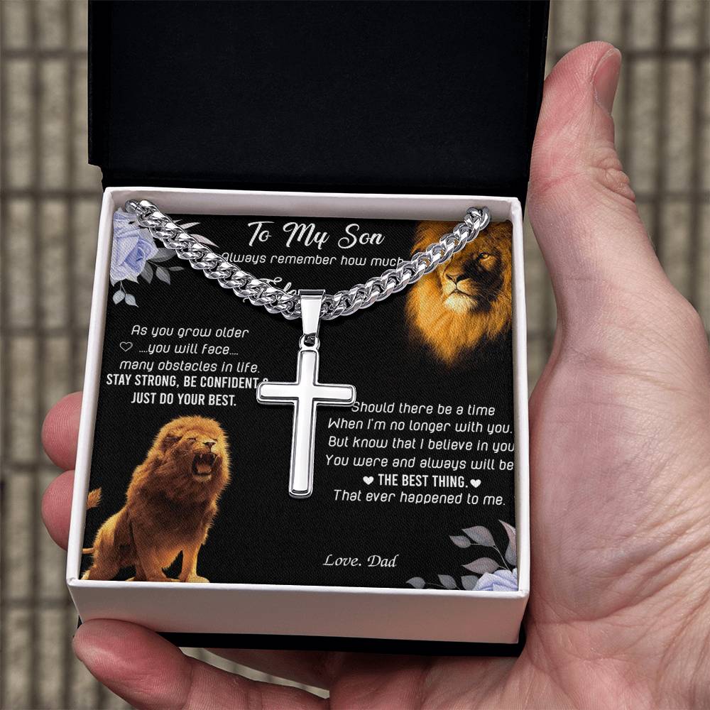 To My Son Cross Neckalce From Father, Lion Son Cross Pendant Gift For Him, Dad And Sons Jewelry, Cuban Link Chain With Engraved Artisan Cross Necklaces Gifts On Anniversary, Christmas, Wedding Day