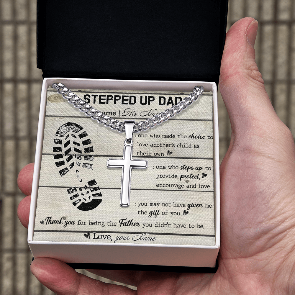 Personalized Step Dad Gifts Necklace - Stepped Up Dad Gift Cuban Link Chain Necklace, Pendant Gift For Stepdad, Father's Day Necklace Card For Bonus Dad, Bonus Dad Gift Jewelry For Man, Dad