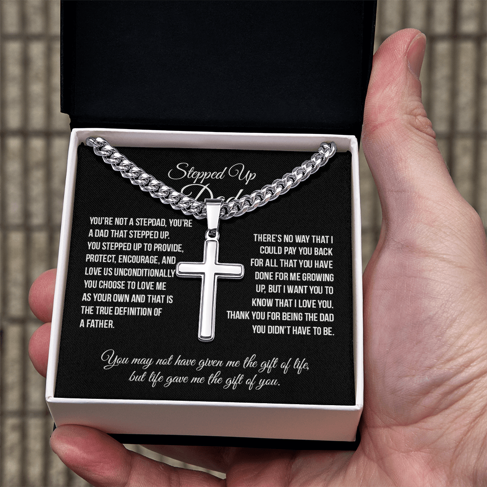 Stepped Up Dad Cross Necklace, To My Stepped Up Dad Cross Necklace From Stepped Up Daughter, Father And Daughter Necklace, Jewelry Gift For Men, Bonus Dad Gift Necklace On Father's Day For Dad