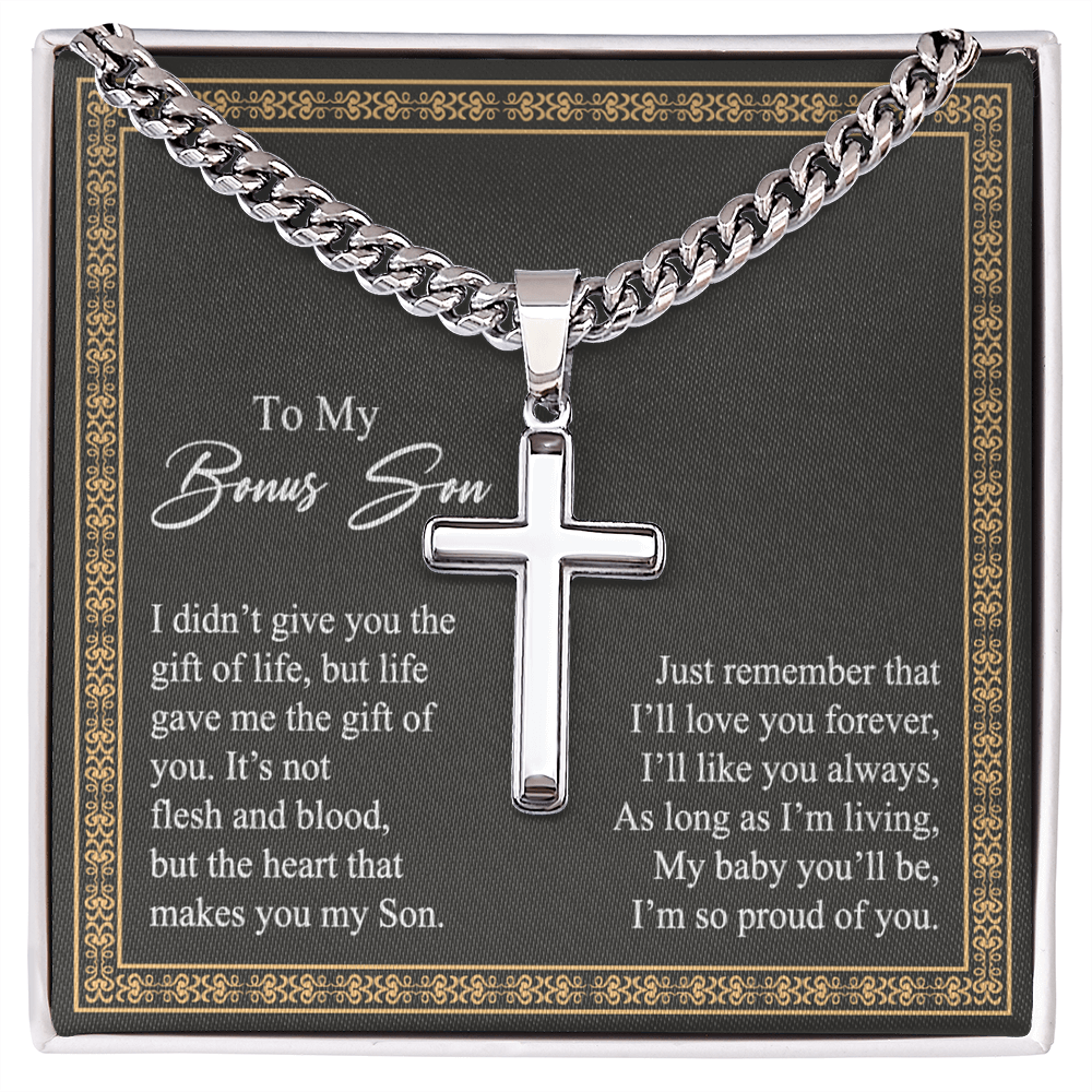 Jewelry For Mens - Bonus Son Necklace Gift, to My Bonus Son Jewelry from Mom, Lion Necklace Pendant, Step Son Gift, for Bonus Son, Adopted Son Gift Necklace, Stepchild Gifts 14K Cross B0FM73BMSB