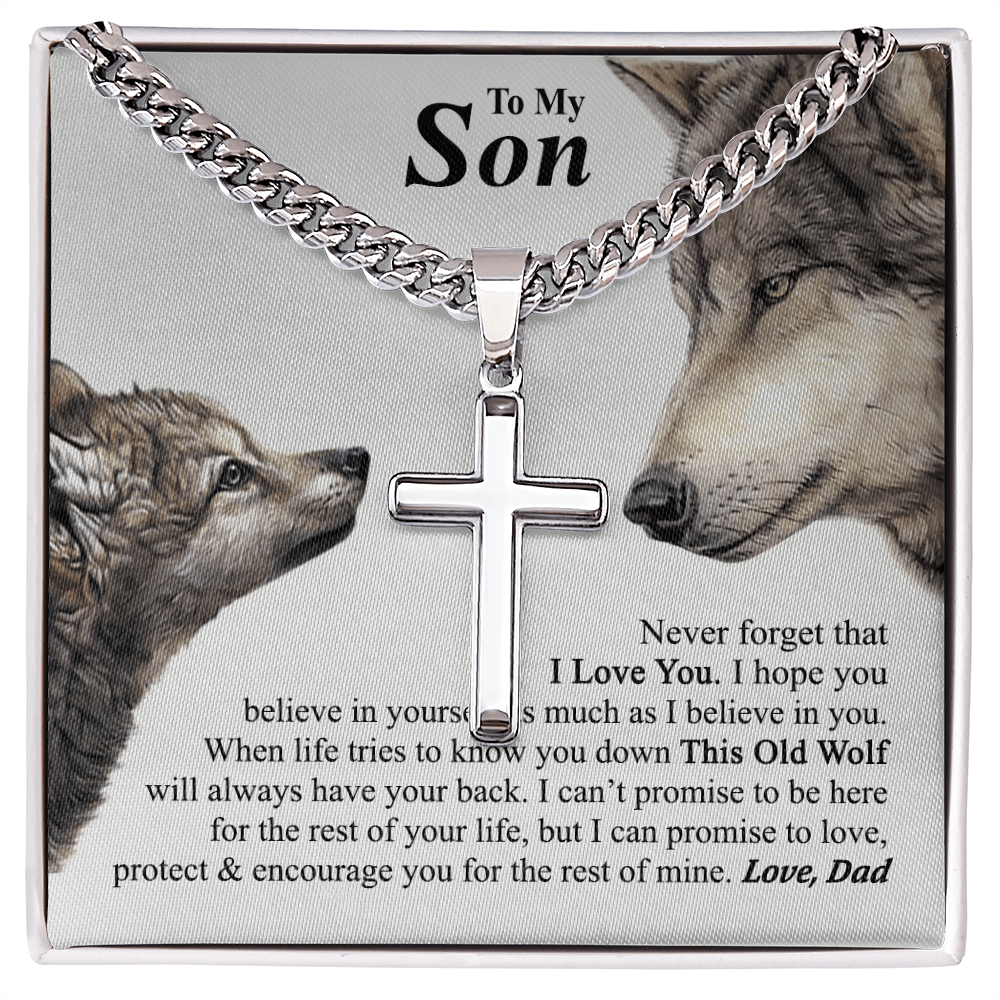 To My Son Cross Necklace From Mom, Mother To Son Jewelry Gift For Son, Cross Necklace For Men Boys, 14K White Gold Stainless Steel Cross Chains Set, Wolf Cross Pendant, Jewelry Gift For Boys, Man