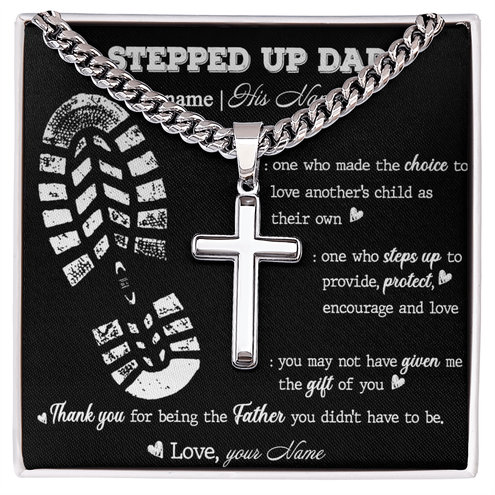 Personalized Step Dad Gifts Necklace - Step Dad Cross Necklace From Daughter, Birthday Present For Bonus Dad Necklace, Stepped Up Dad From Son To My Stepdad with Message Card And Jewelry For Man
