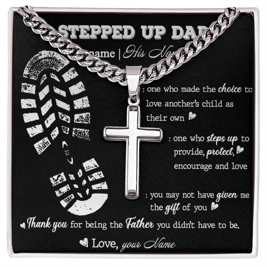 Personalized Step Dad Gifts Necklace - Step Dad Cross Necklace From Daughter, Birthday Present For Bonus Dad Necklace, Stepped Up Dad From Son To My Stepdad with Message Card And Jewelry For Man
