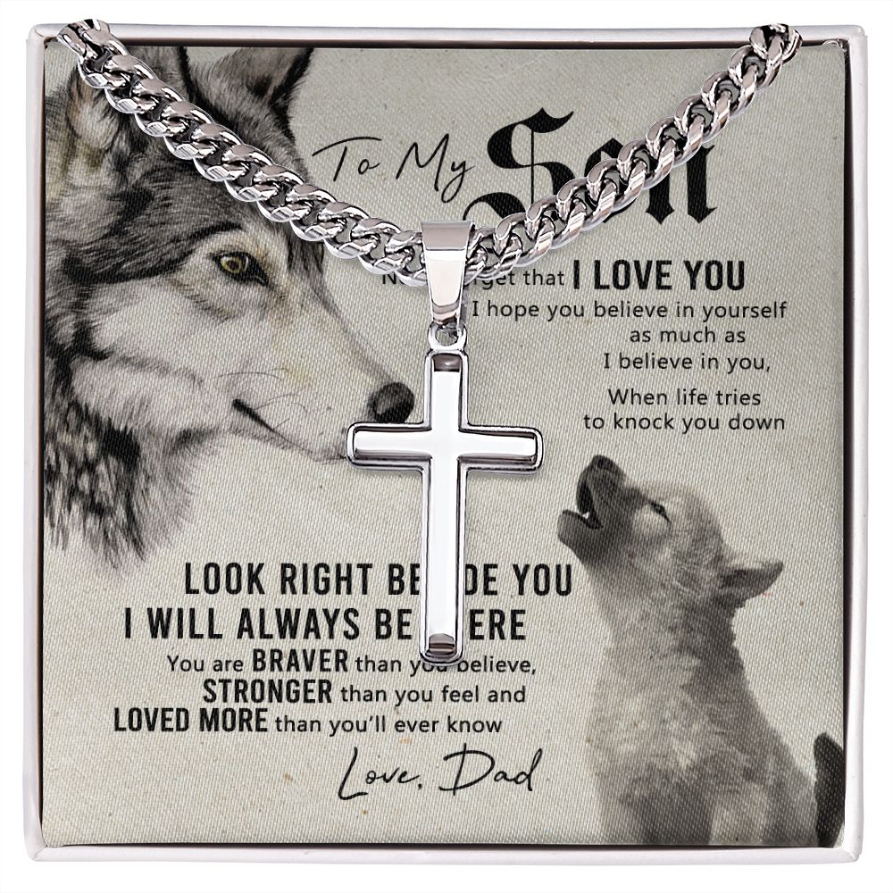 Wolf Father To Son Engraved Cross Necklace Gift For Son, To My Son Engraved Cross Necklace From Dad, Dady Meaningful Jewelry Gift For Men Artisan Engraved Cross Necklace Gift For Wolf Son Necklace Cuban Chain with Artisan Cross Necklace