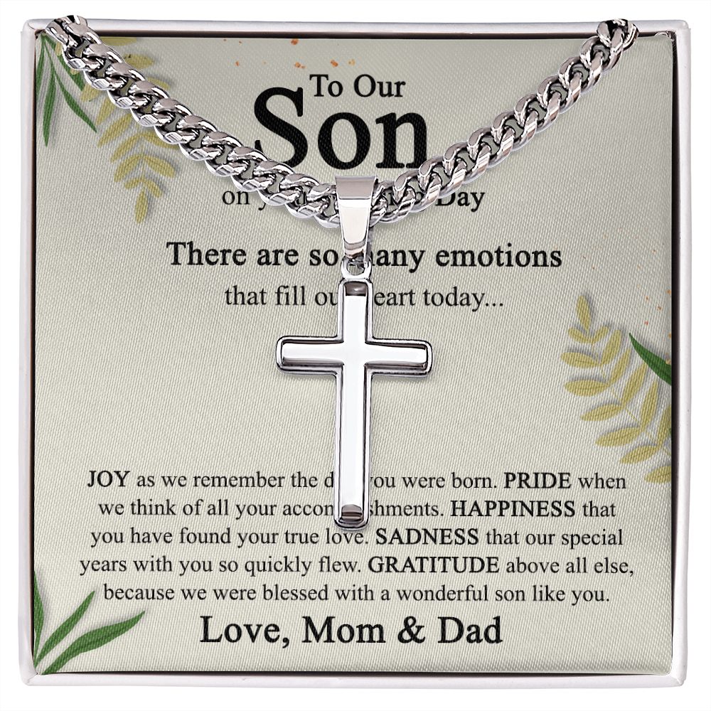 To Our Son on His Wedding Day Cross Necklace, Sentimental Wedding Gifts Cross Necklace from Parents, Son Getting Married, Wedding gift Cross Necklace for Son Wedding Day Gift for Son Jewelry for Men Cuban Chain with Artisan Cross Necklace B09N79K666