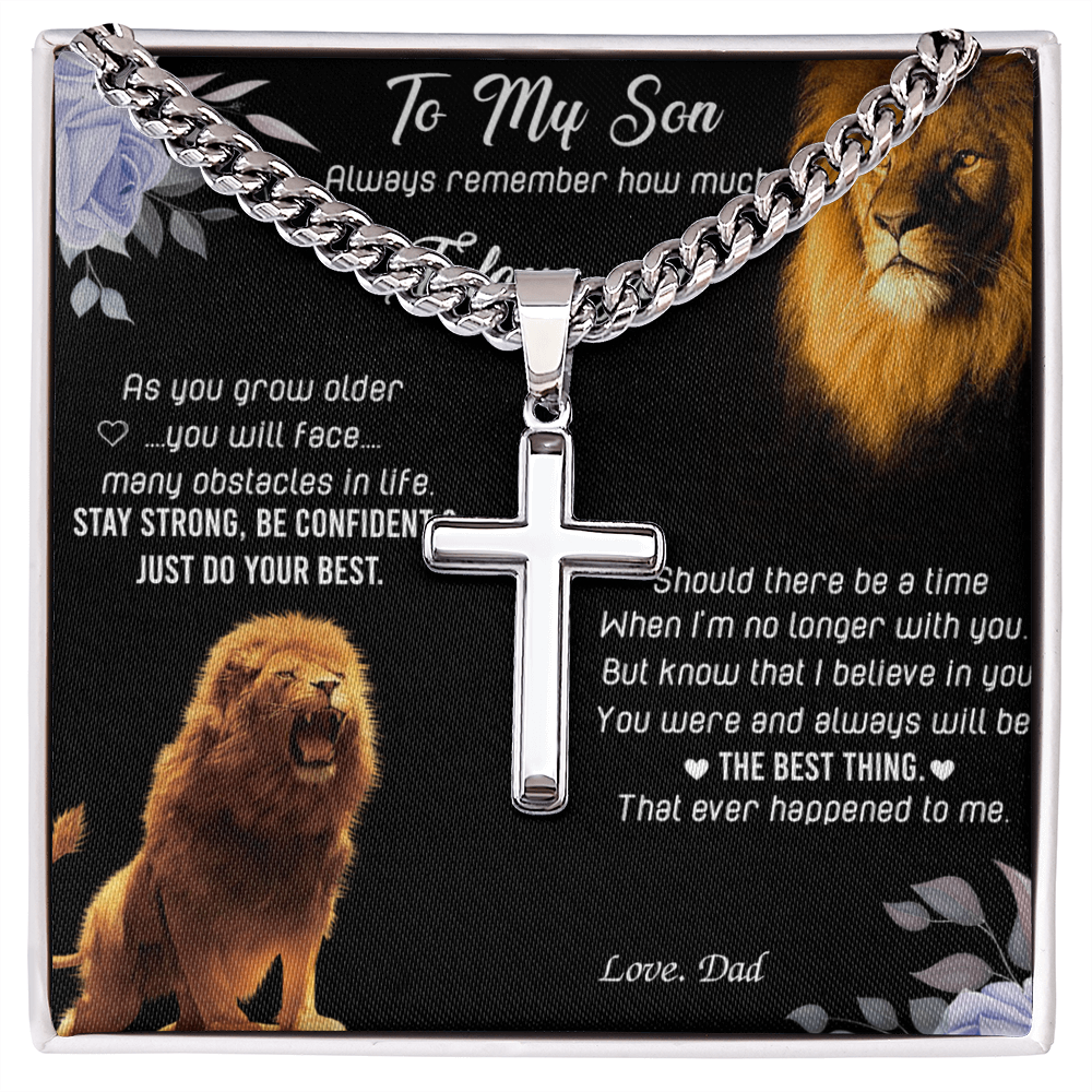 To My Son Cross Neckalce From Father, Lion Son Cross Pendant Gift For Him, Dad And Sons Jewelry, Cuban Link Chain With Engraved Artisan Cross Necklaces Gifts On Anniversary, Christmas, Wedding Day