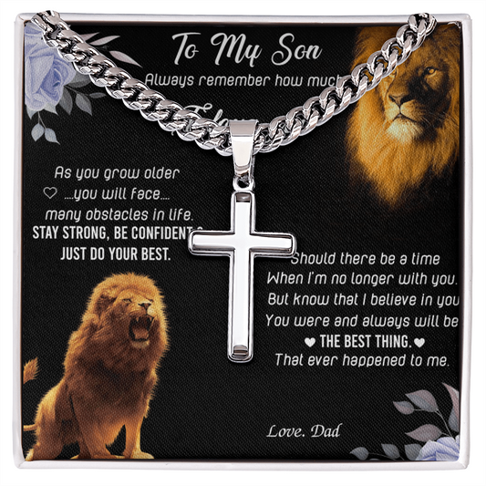 To My Son Cross Neckalce From Father, Lion Son Cross Pendant Gift For Him, Dad And Sons Jewelry, Cuban Link Chain With Engraved Artisan Cross Necklaces Gifts On Anniversary, Christmas, Wedding Day
