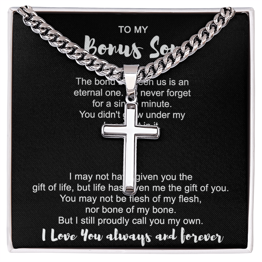 To My Bonus Son Cross Necklace From Mom for Bonus Son, Stepson Birthday Gift Graduation Gift, Jewelry Cross Gift For Boys, Men Stainless Artisan Crafted Cross 14k Necklace, Bonus Son Gift Necklace