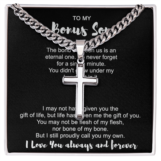 To My Bonus Son Cross Necklace From Mom for Bonus Son, Stepson Birthday Gift Graduation Gift, Jewelry Cross Gift For Boys, Men Stainless Artisan Crafted Cross 14k Necklace, Bonus Son Gift Necklace