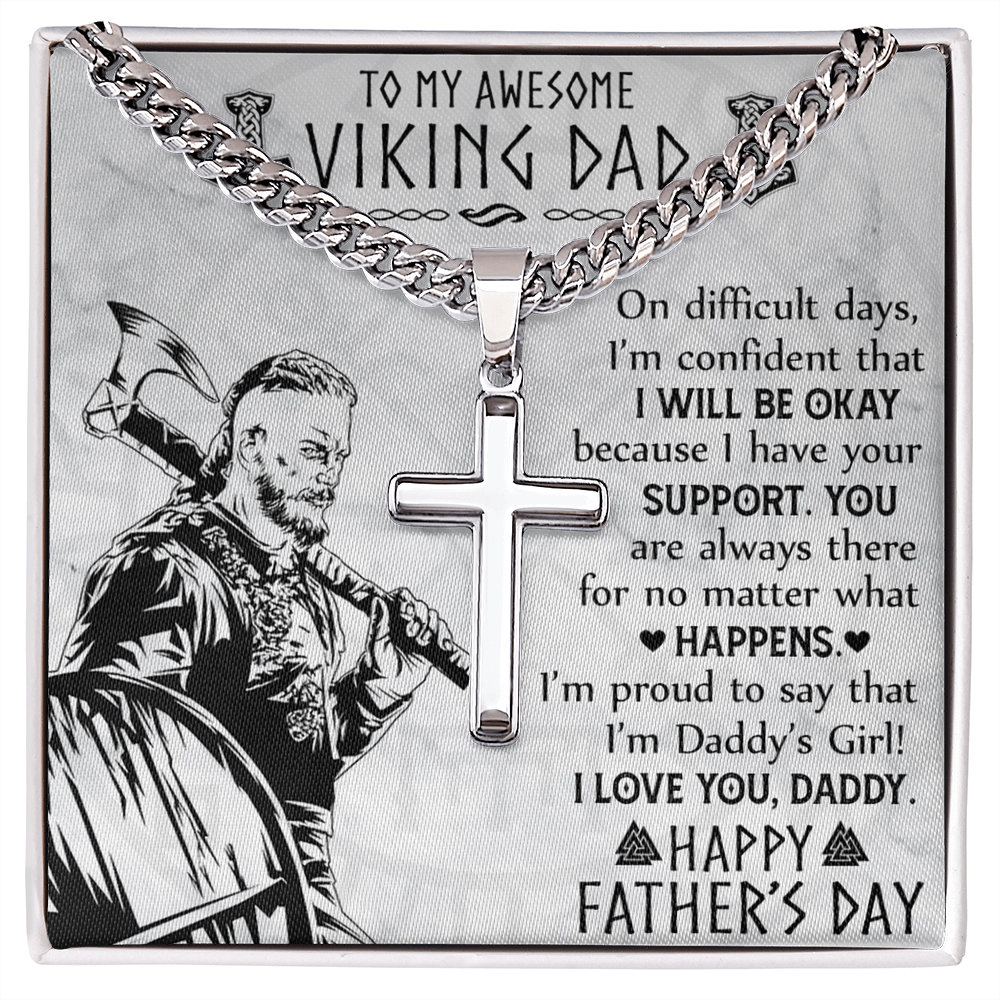 Viking Dad Cross Necklace, Jewelry Gift For Men, To My Awesome Viling Dad Necklace From Daughter, Happy Father's Day Cross Necklace Gift For Him, Daddy's Girl Necklace Gift From Little Girl Necklace