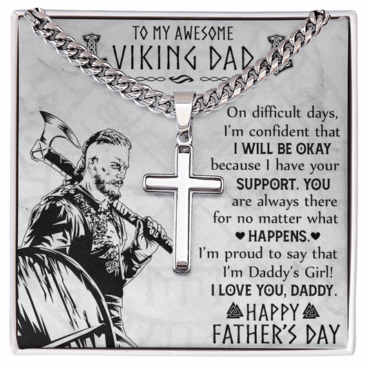 Viking Dad Cross Necklace, Jewelry Gift For Men, To My Awesome Viling Dad Necklace From Daughter, Happy Father's Day Cross Necklace Gift For Him, Daddy's Girl Necklace Gift From Little Girl Necklace