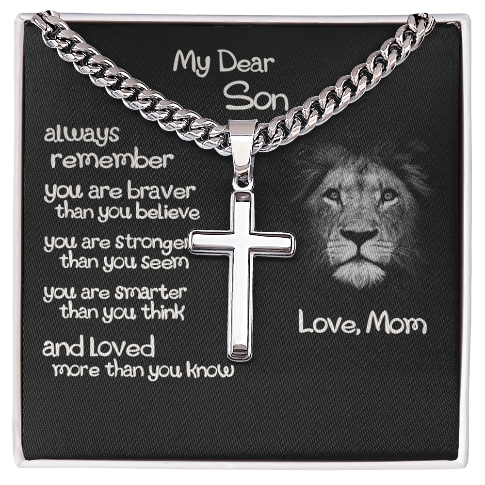 To My Son Cross Necklace Gift From Mom, Son Lion Necklace, Birthday Gifts Cross Necklace For Son, Cross Pendant Gift From Mom, Son Jewelry Gift For Mens Artisan Crafted Cross Necklace Gift To Son
