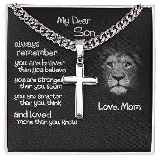 To My Son Cross Necklace Gift From Mom, Son Lion Necklace, Birthday Gifts Cross Necklace For Son, Cross Pendant Gift From Mom, Son Jewelry Gift For Mens Artisan Crafted Cross Necklace Gift To Son