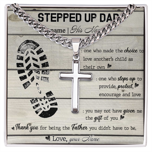 Personalized Step Dad Gifts Necklace - Stepped Up Dad Gift Cuban Link Chain Necklace, Pendant Gift For Stepdad, Father's Day Necklace Card For Bonus Dad, Bonus Dad Gift Jewelry For Man, Dad