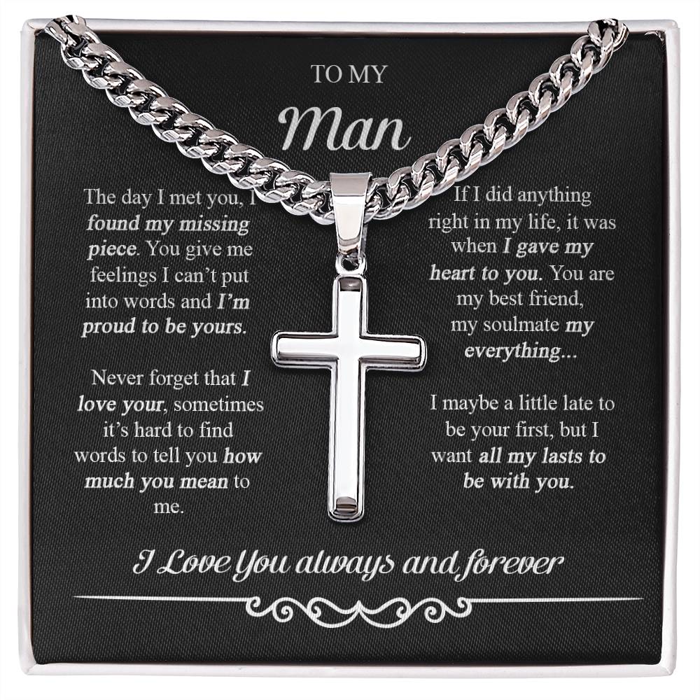 To My Man Cross Necklace, Boyfriend Gift, Boyfriend Birthday Gifts, Anniversary Cuban Chain with Artisan Cross Necklace