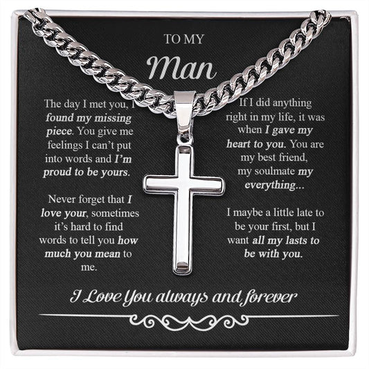 To My Man Cross Necklace, Boyfriend Gift, Boyfriend Birthday Gifts, Anniversary Cuban Chain with Artisan Cross Necklace
