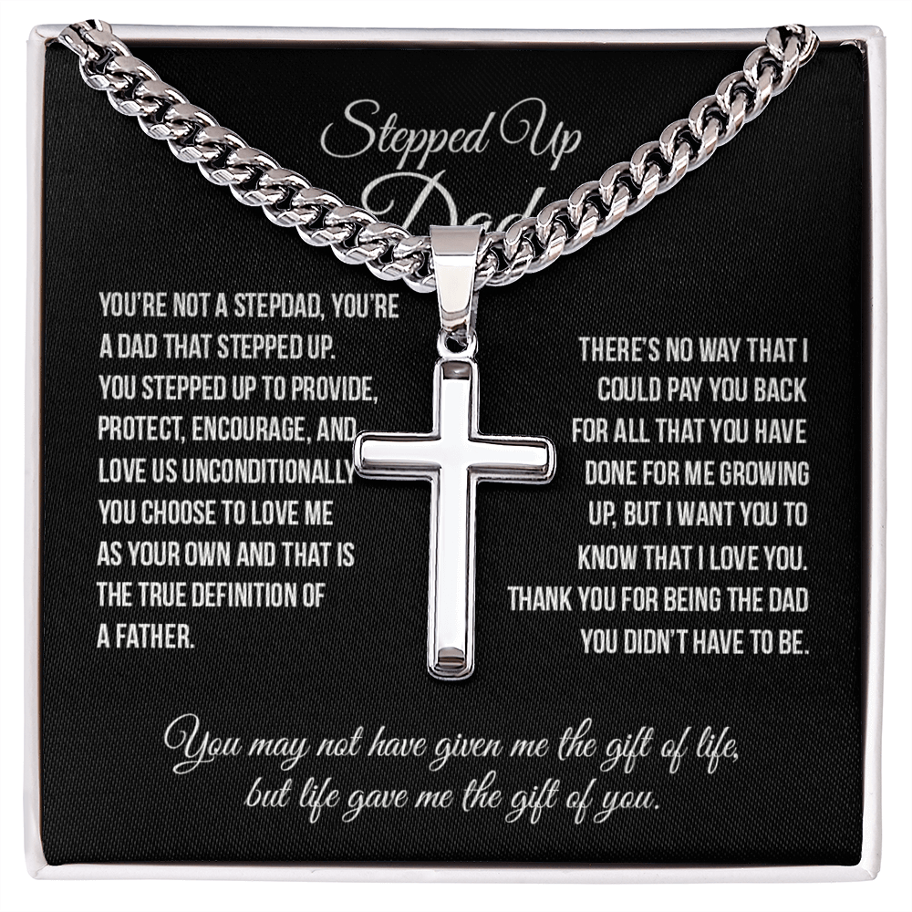 Stepped Up Dad Cross Necklace, To My Stepped Up Dad Cross Necklace From Stepped Up Daughter, Father And Daughter Necklace, Jewelry Gift For Men, Bonus Dad Gift Necklace On Father's Day For Dad