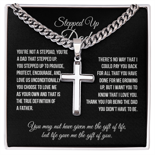 Stepped Up Dad Cross Necklace, To My Stepped Up Dad Cross Necklace From Stepped Up Daughter, Father And Daughter Necklace, Jewelry Gift For Men, Bonus Dad Gift Necklace On Father's Day For Dad