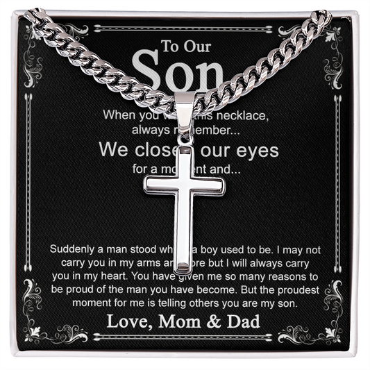 To Our Son Cross Necklace Pendant for Birthday Christmas Graduation Gift Cross Necklace from Dad Mom with Message Card and Gift Box For Son Personalized Gift Necklace for Son From Father and Mother