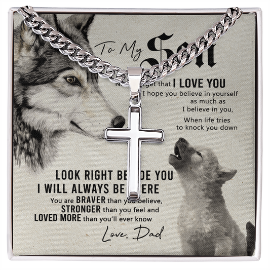Wolf Father To Son Engraved Cross Necklace Gift For Son, To My Son Engraved Cross Necklace From Dad, Dady Meaningful Jewelry Gift For Men Artisan Engraved Cross Necklace Gift For Wolf Son Necklace