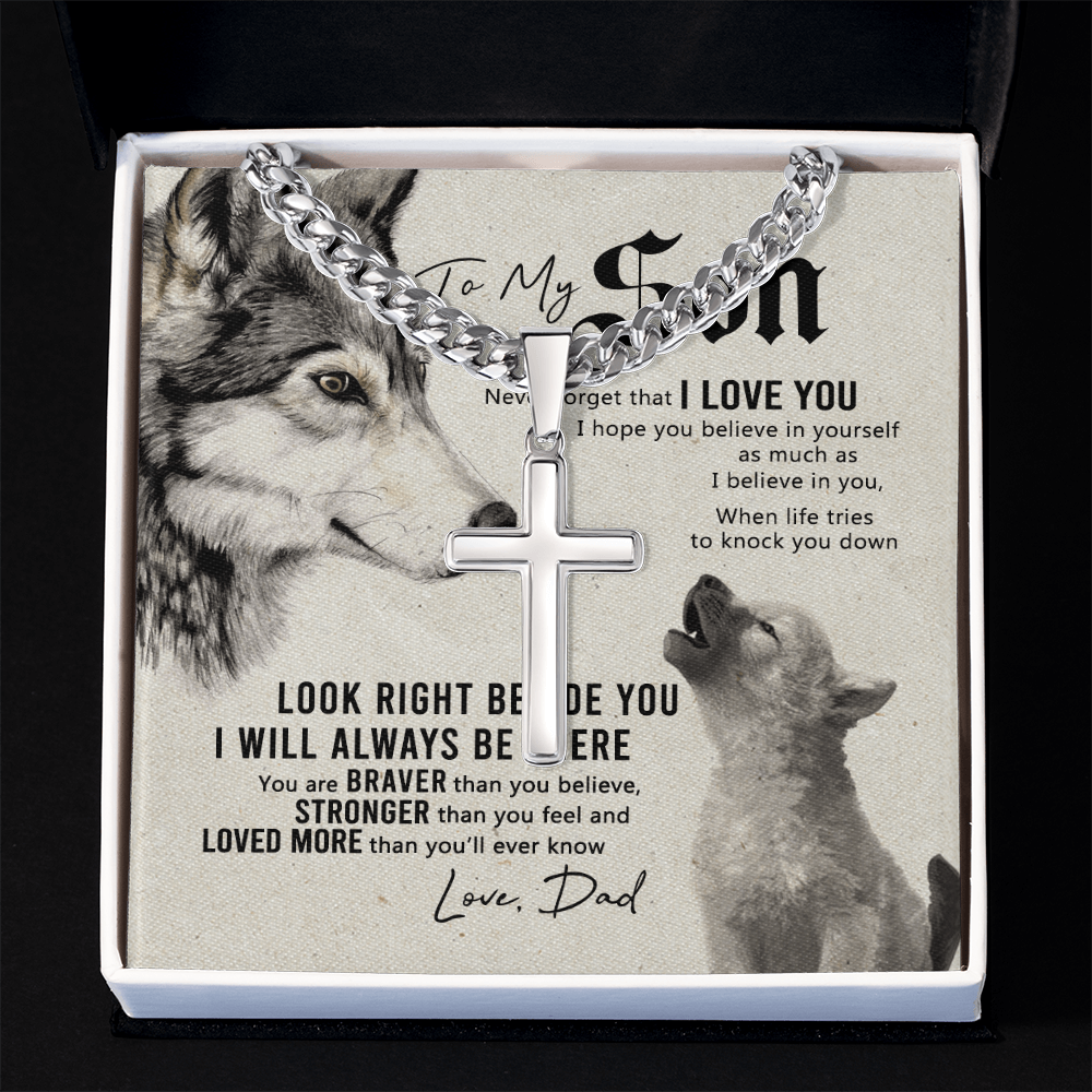 Wolf Father To Son Engraved Cross Necklace Gift For Son, To My Son Engraved Cross Necklace From Dad, Dady Meaningful Jewelry Gift For Men Artisan Engraved Cross Necklace Gift For Wolf Son Necklace