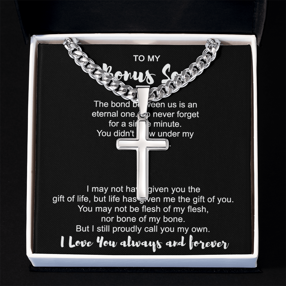 To My Bonus Son Cross Necklace From Mom for Bonus Son, Stepson Birthday Gift Graduation Gift, Jewelry Cross Gift For Boys, Men Stainless Artisan Crafted Cross 14k Necklace, Bonus Son Gift Necklace