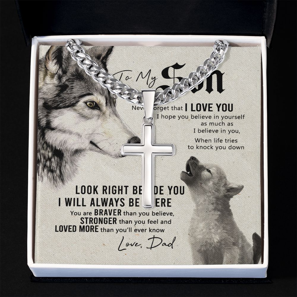 Wolf Father To Son Engraved Cross Necklace Gift For Son, To My Son Engraved Cross Necklace From Dad, Dady Meaningful Jewelry Gift For Men Artisan Engraved Cross Necklace Gift For Wolf Son Necklace Cuban Chain with Artisan Cross Necklace