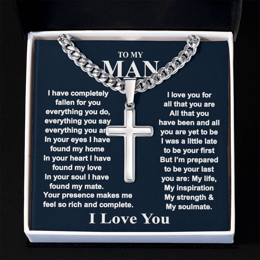To My Man Cross Necklace Gift From Wife, Girlfriend, Fiancee Box With Card For Boyfriend, Anniversary Personalized Necklace Gift For Man, Jewelry Gift Cross Necklace For Men, Mans Gift Necklace
