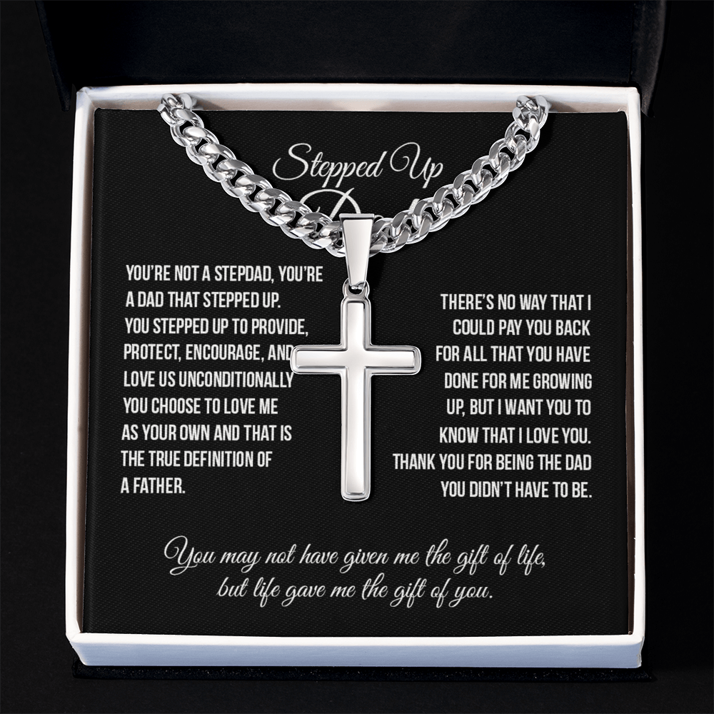 Stepped Up Dad Cross Necklace, To My Stepped Up Dad Cross Necklace From Stepped Up Daughter, Father And Daughter Necklace, Jewelry Gift For Men, Bonus Dad Gift Necklace On Father's Day For Dad