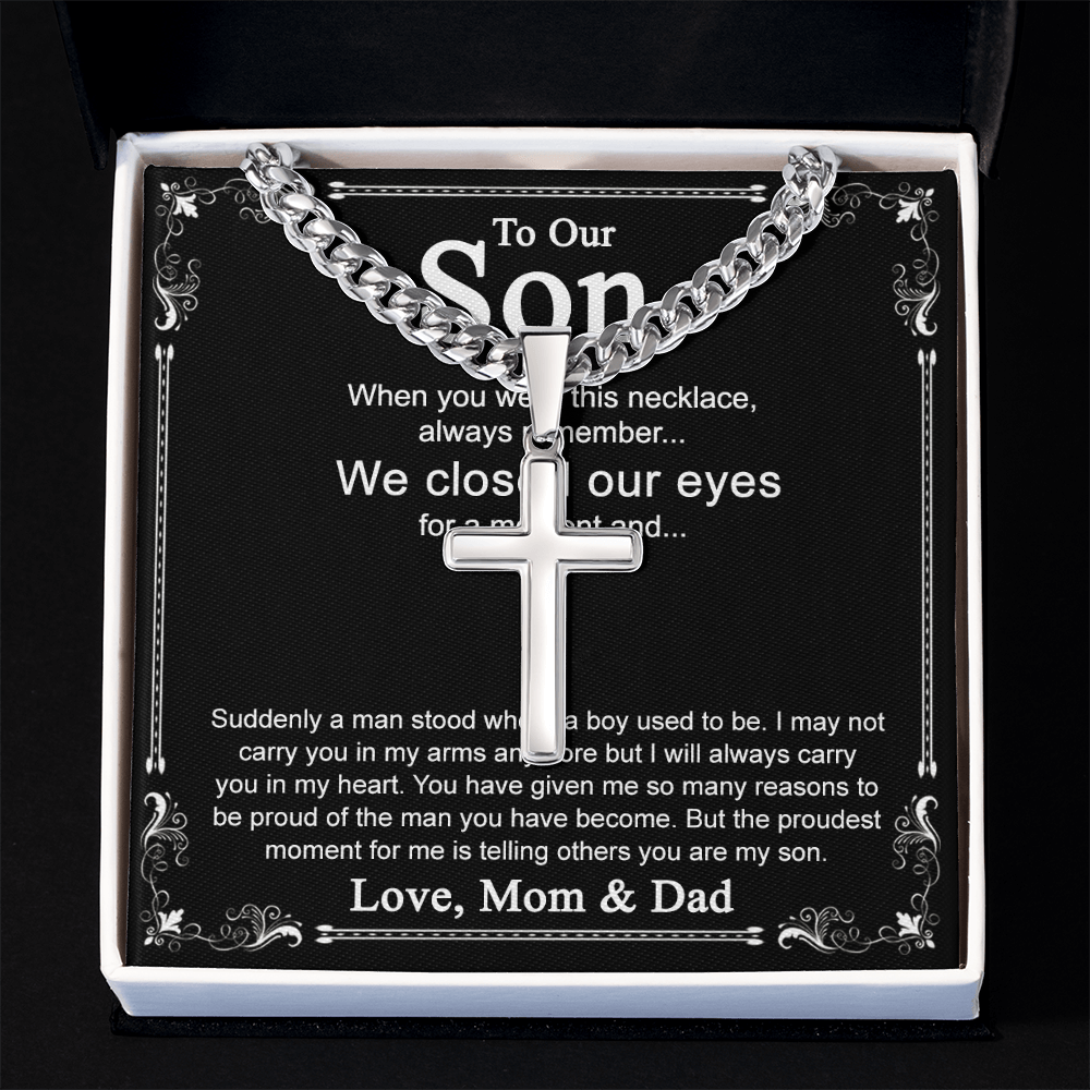 To Our Son Cross Necklace Pendant for Birthday Christmas Graduation Gift Cross Necklace from Dad Mom with Message Card and Gift Box For Son Personalized Gift Necklace for Son From Father and Mother
