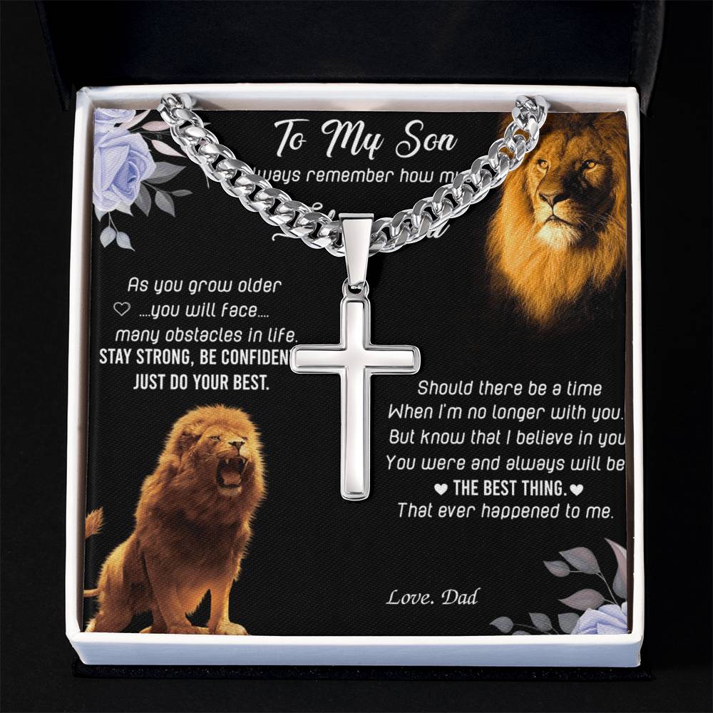 To My Son Cross Neckalce From Father, Lion Son Cross Pendant Gift For Him, Dad And Sons Jewelry, Cuban Link Chain With Engraved Artisan Cross Necklaces Gifts On Anniversary, Christmas, Wedding Day