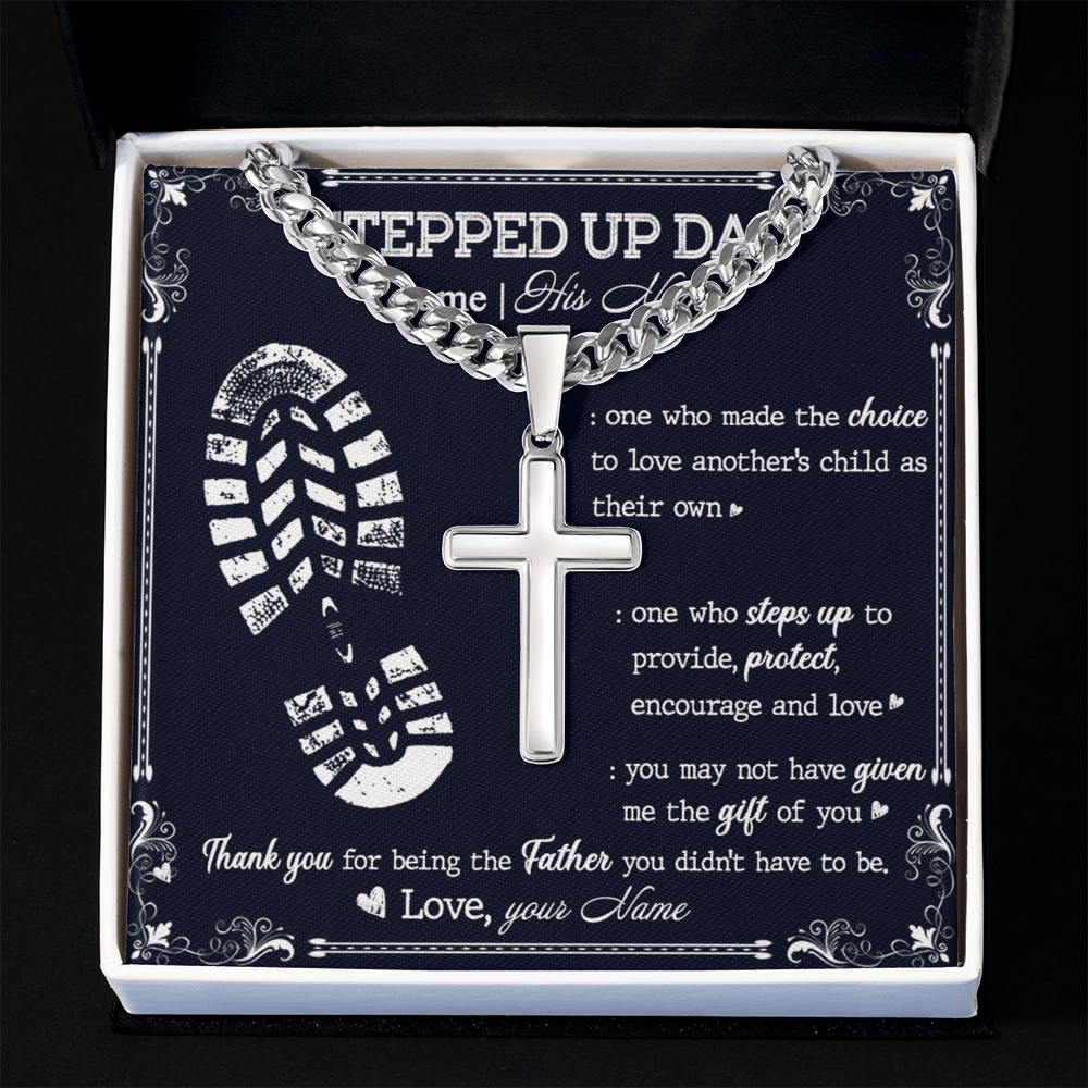 Stepped Up Dad Gift Necklace To My Stepped Up Dad Cuban Link Chain Fathers Day Gift from Step Son Daughter To My Step Dad Gift of You Stainless Steel Christmas Birthday Present Box and Message Card