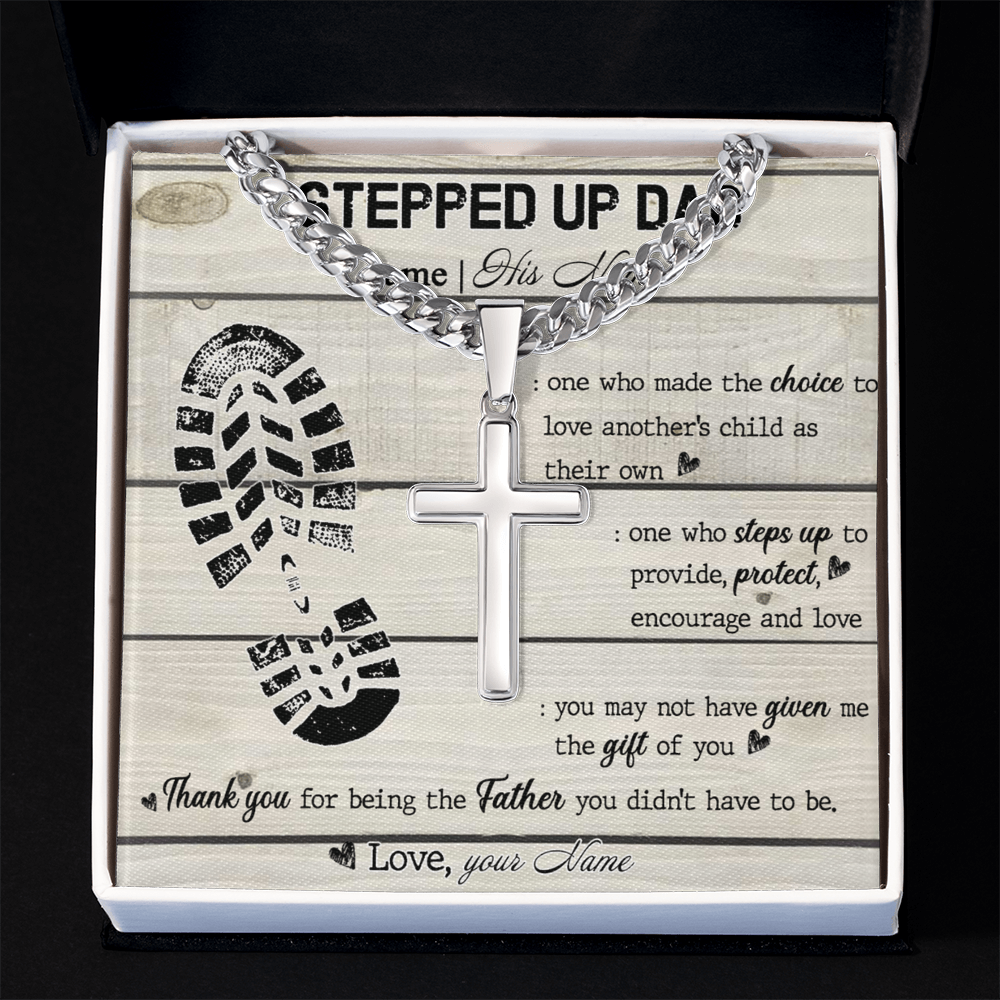 Personalized Step Dad Gifts Necklace - Stepped Up Dad Gift Cuban Link Chain Necklace, Pendant Gift For Stepdad, Father's Day Necklace Card For Bonus Dad, Bonus Dad Gift Jewelry For Man, Dad