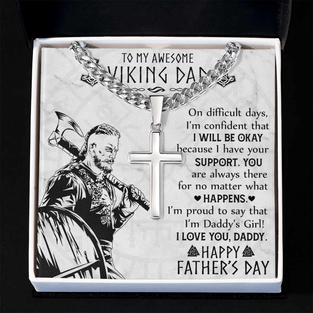 Viking Dad Cross Necklace, Jewelry Gift For Men, To My Awesome Viling Dad Necklace From Daughter, Happy Father's Day Cross Necklace Gift For Him, Daddy's Girl Necklace Gift From Little Girl Necklace
