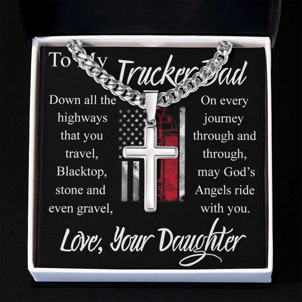 Trucker Dad Gift Necklace, Father And Daughter Cross Necklace, To My Trucker Dad Necklace From Daughter, Jewelry Gift For Men, Mans Gift Necklace For Him, Cross Pendant Gift For Dad From Her