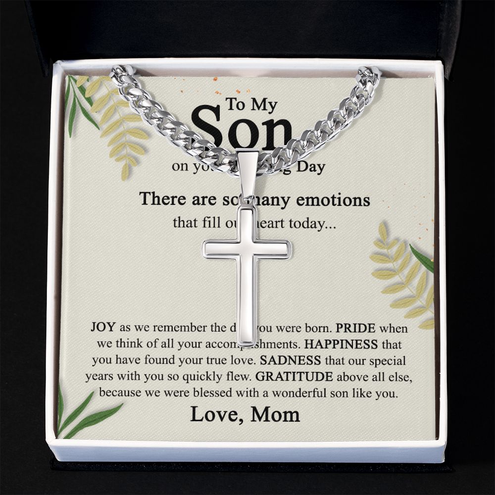 To My Son On His Wedding Day Cross Necklace from Mom, Gifts Cross Necklace for Son on Wedding Day from Mom, Mother Gift Necklace To Son on Wedding Day, Necklace for Son, Jewelry Gift For Boys Men Cuban Chain with Artisan Cross Necklace  B09N7BJRX1