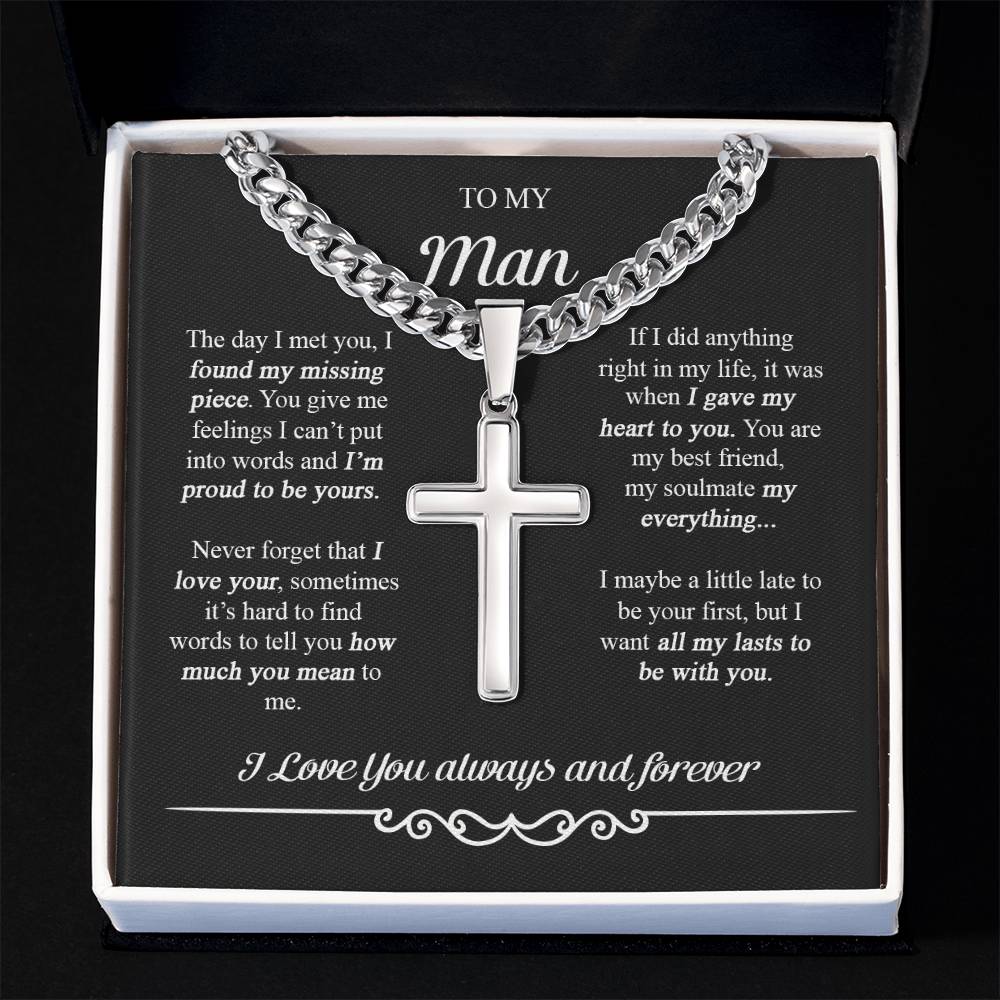 To My Man Cross Necklace, Boyfriend Gift, Boyfriend Birthday Gifts, Anniversary Cuban Chain with Artisan Cross Necklace