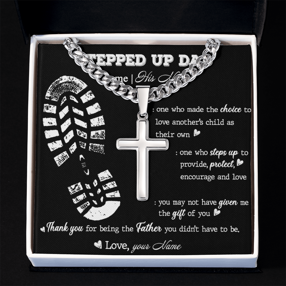 Personalized Step Dad Gifts Necklace - Step Dad Cross Necklace From Daughter, Birthday Present For Bonus Dad Necklace, Stepped Up Dad From Son To My Stepdad with Message Card And Jewelry For Man