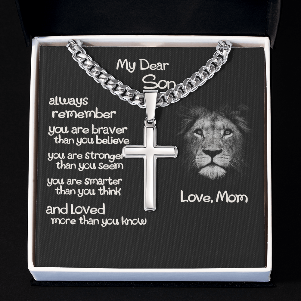 To My Son Cross Necklace Gift From Mom, Son Lion Necklace, Birthday Gifts Cross Necklace For Son, Cross Pendant Gift From Mom, Son Jewelry Gift For Mens Artisan Crafted Cross Necklace Gift To Son